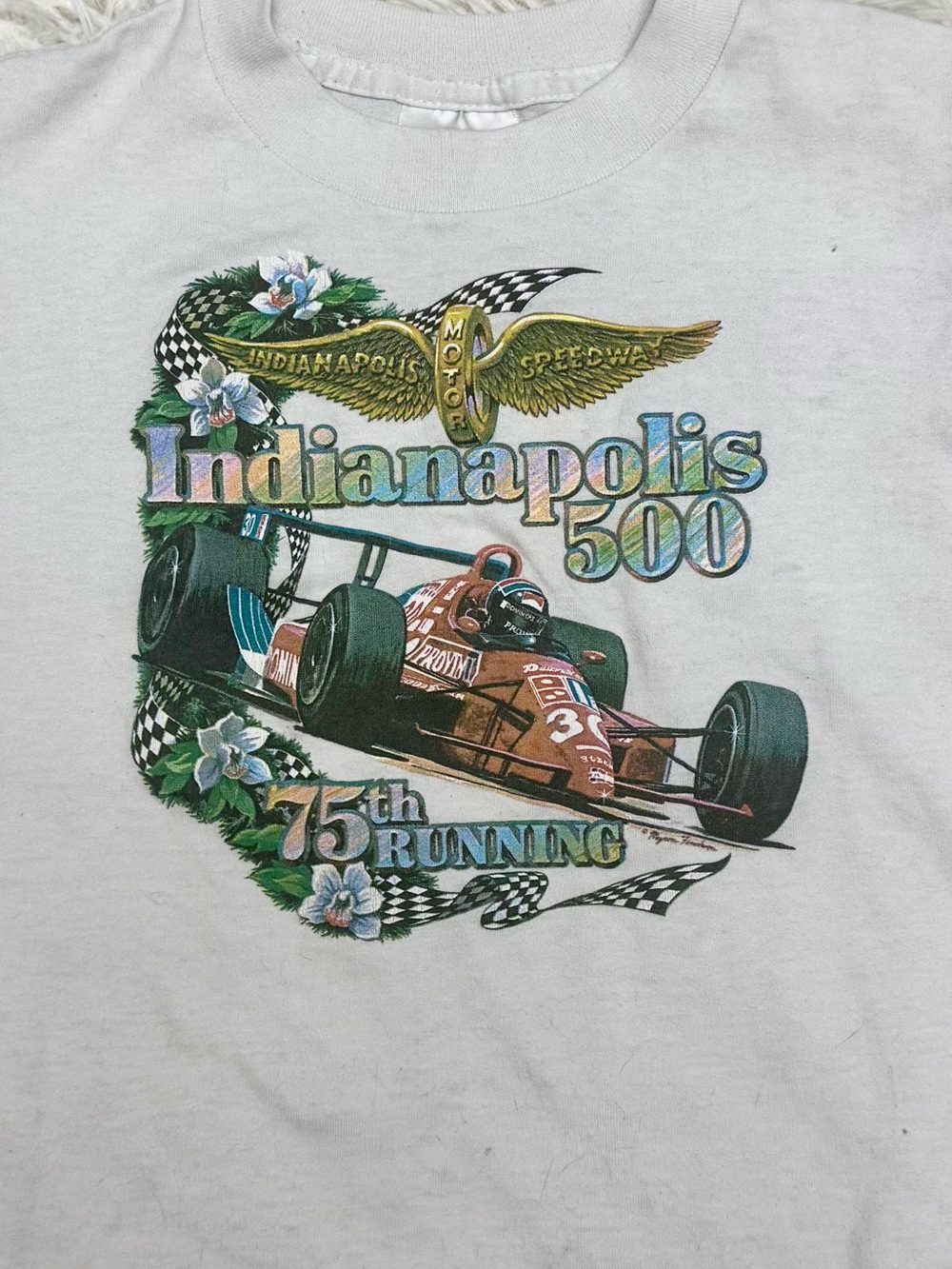 Indianapolis 500 Graphic Tee - White with Red Racecar Print